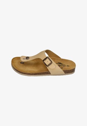 Beige open-toe sandal with a single strap and buckle, cushioned insole, and cork sole, designed for casual wear.