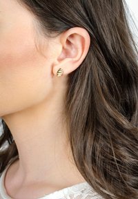 Orecchini a perno in metallo dorato con un design ovale testurizzato caratterizzato da strisce orizzontali alternate, indossati in un orecchio forato.