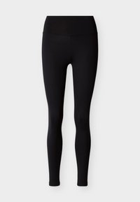 Μαύρα κολάν από ελαστικό ύφασμα, με ψηλή μέση και εφαρμοστή σχεδίαση. Λεία υφή, χωρίς σχέδια ή διακοσμήσεις.