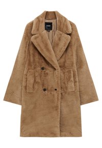 Abrigo de piel sintética marrón con diseño de doble botonadura, gran cuello con muescas y bolsillos de parche. Textura suave con una silueta relajada.