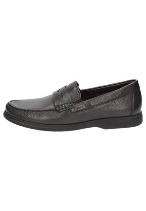 Schwarzer Leder-Loafer für Herren zum Hineinschlüpfen mit niedrigem Absatz und dekorativer Naht an der Oberseite.