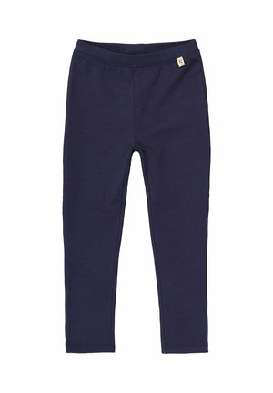 Marineblaue enganliegende Leggings mit elastischem Bund und kleinem beigen Markenschild nahe der oberen rechten Seite.