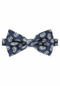 Granatowy muszka z wzorem paisley w białym kolorze, wykonana z teksturowanej tkaniny. Krawat ma wyraźne krawędzie i centralny detal w postaci węzła.