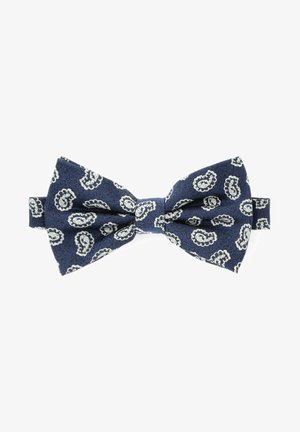 Granatowy muszka z wzorem paisley w białym kolorze, wykonana z teksturowanej tkaniny. Krawat ma wyraźne krawędzie i centralny detal w postaci węzła.