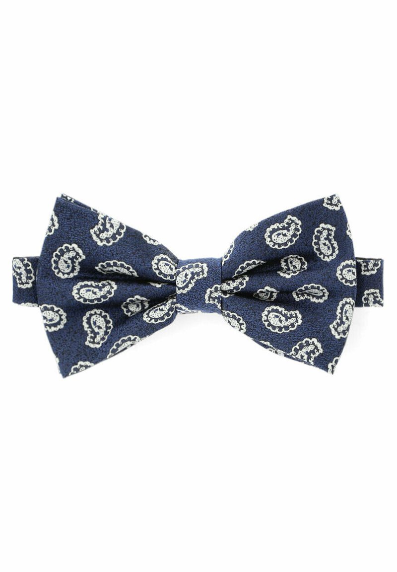 Granatowy muszka z wzorem paisley w białym kolorze, wykonana z teksturowanej tkaniny. Krawat ma wyraźne krawędzie i centralny detal w postaci węzła.