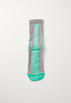 Gray athletic sock with mint green accents, featuring a textured surface and vertical stripes. Includes a reinforced heel and toe.