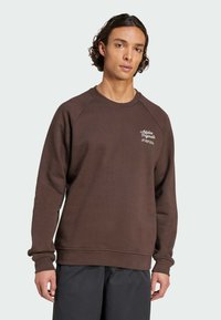 Hnědá mikina s kulatým výstřihem, raglánovými rukávy a bílým logem na hrudi. Vyrobena z měkké látky s hladkým povrchem.