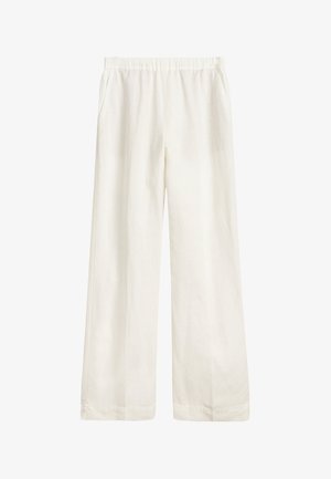 Kremowe spodnie z szerokimi nogawkami, wykonane z lekkiego materiału, z elastyczną talią i bocznymi kieszeniami, cechujące się gładką fakturą i prostym krojem.