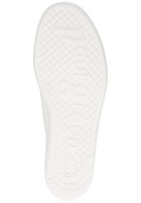 Semelle de chaussure en caoutchouc blanc avec un motif de grip texturé, comportant des points saillants et une marque. Légère courbure le long des bords.