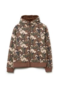 Giacca con cappuccio a zip, con un motivo camouflage marrone, verde e beige, polsini e orlo a coste, e morbida foderatura marrone all'interno del cappuccio.