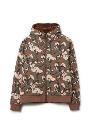 Chaqueta con capucha y cierre de cremallera con patrón de camuflaje en tonos marrón, verde y beige, puños y dobladillo acanalados, y suave forro marrón en el interior de la capucha.