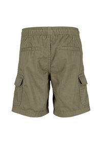 Pantaloni cargo verde oliva con vita elastica, due tasche laterali e due tasche posteriori. Realizzati in tessuto leggero, presentano un design casual.