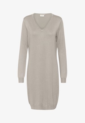 Ljusgrå, långärmad stickad klänning med V-ringning, tillverkad av ett mjukt material, med ribbade ärmslut och en avslappnad passform.