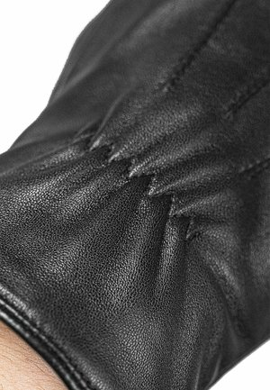 Black leather glove with textured finish, featuring pleated design and fine stitching along the wrist. Smooth overall surface.