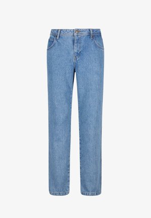 Világoskék farmernadrág egyenes szárú szabással, öt zsebbel és gombos záródással. Az anyag sima textúrával bír és enyhén kopott.