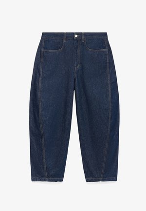 Dark blue denim pants with high waist, front button and zipper closure, two front pockets, and wide tapered legs.