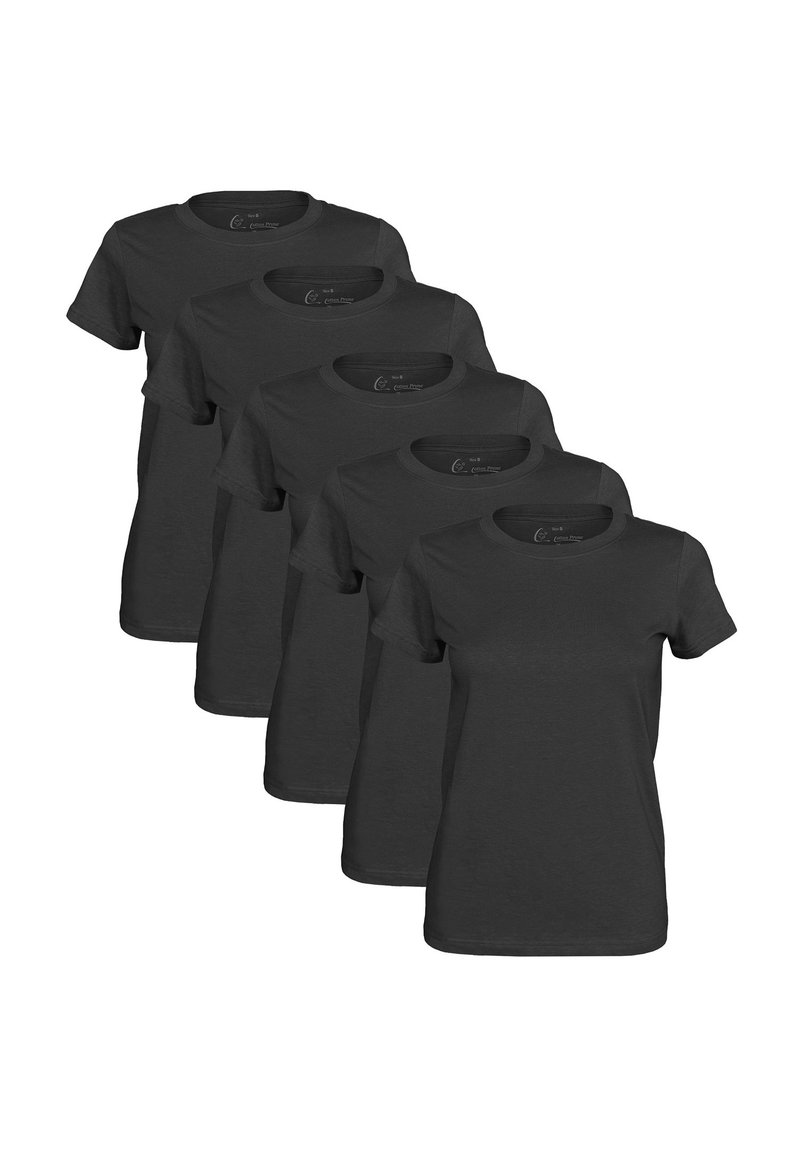Cinque t-shirt nere a collo rotondo sono impilate in fila. Le t-shirt presentano maniche corte e una texture morbida in cotone.