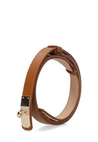Brown leather bracelet with a textured finish, featuring a gold-tone clasp detail and a slim design.