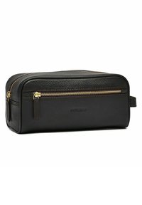 Svart läder necessär med rektangulär form, texturerad yta, gulddragkedja och ett sidhandtag för enkel bärning.