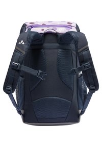 Dark navy backpack with a purple top, featuring mesh fabric, adjustable straps, and a zippered pocket. Curved design with textured accents.