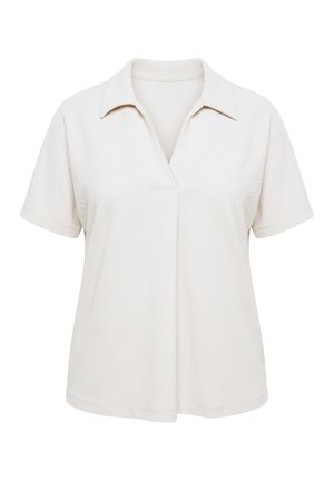 Ulla Popken, T-SHIRT, ZIERSTEINBORTE, OVERSIZED, HEMDKRAGEN, HALBARM - Poloshirts - grey beige