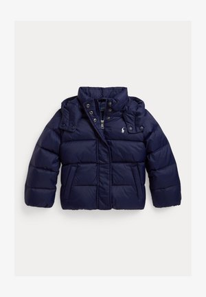 Casaco puffer azul-marinho com gola alta, botões de pressão, fecho de zíper e bolsos laterais. Feito de material brilhante e acolchoado.