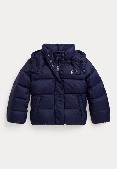 Navy blue puffer jacket featuring a high collar, snap buttons, zip closure, and side pockets. Made from shiny, quilted material.