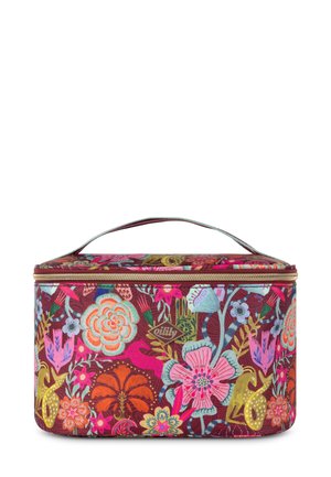 Multicolore cosmetica-tas gemaakt van duurzame stof. Voorzien van een ritssluiting, een handvat en levendige roze, groene en blauwe patronen.