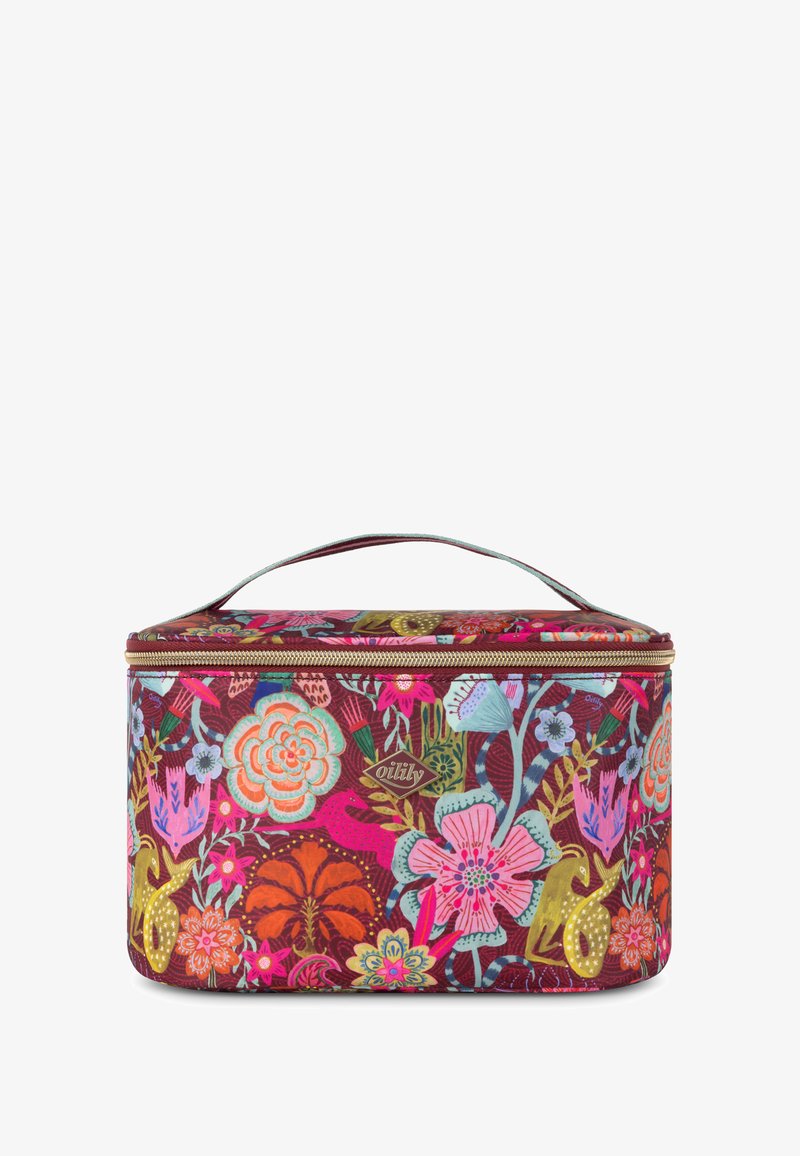 Multicolore cosmetica-tas gemaakt van duurzame stof. Voorzien van een ritssluiting, een handvat en levendige roze, groene en blauwe patronen.