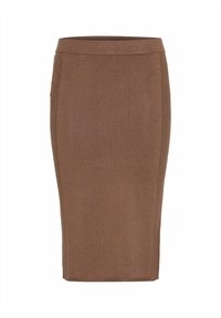Jupe crayon marron ajustée, texture côtelée, taille haute, longueur genou, avec des détails de couture verticaux sur les côtés. Finition en tissu lisse.