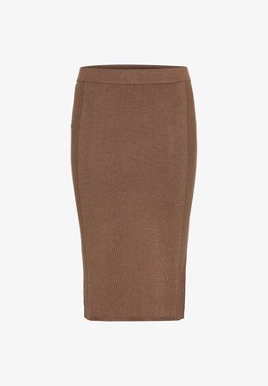 Rjava prilegajoča krila svinčnika, rebrasta tekstura, visok pas, do kolen, z navpičnimi šivi na straneh. Gladka tkanina.