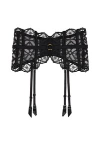 Garter en dentelle noire avec broderie florale, bretelles ajustables et boucle en or au centre devant.