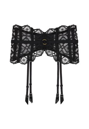 Garter en dentelle noire avec broderie florale, bretelles ajustables et boucle en or au centre devant.