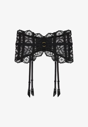 Garter en dentelle noire avec broderie florale, bretelles ajustables et boucle en or au centre devant.