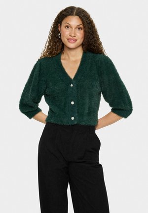 Groene donzige cardigan met een V-hals, driekwart mouwen en drie decoratieve knopen. Gecombineerd met hoge zwarte broek.