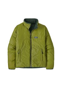 Giacca isolata verde con colletto alto, chiusura con zip e due tasche laterali. Tessuto morbido con un esterno liscio e resistente all'acqua.