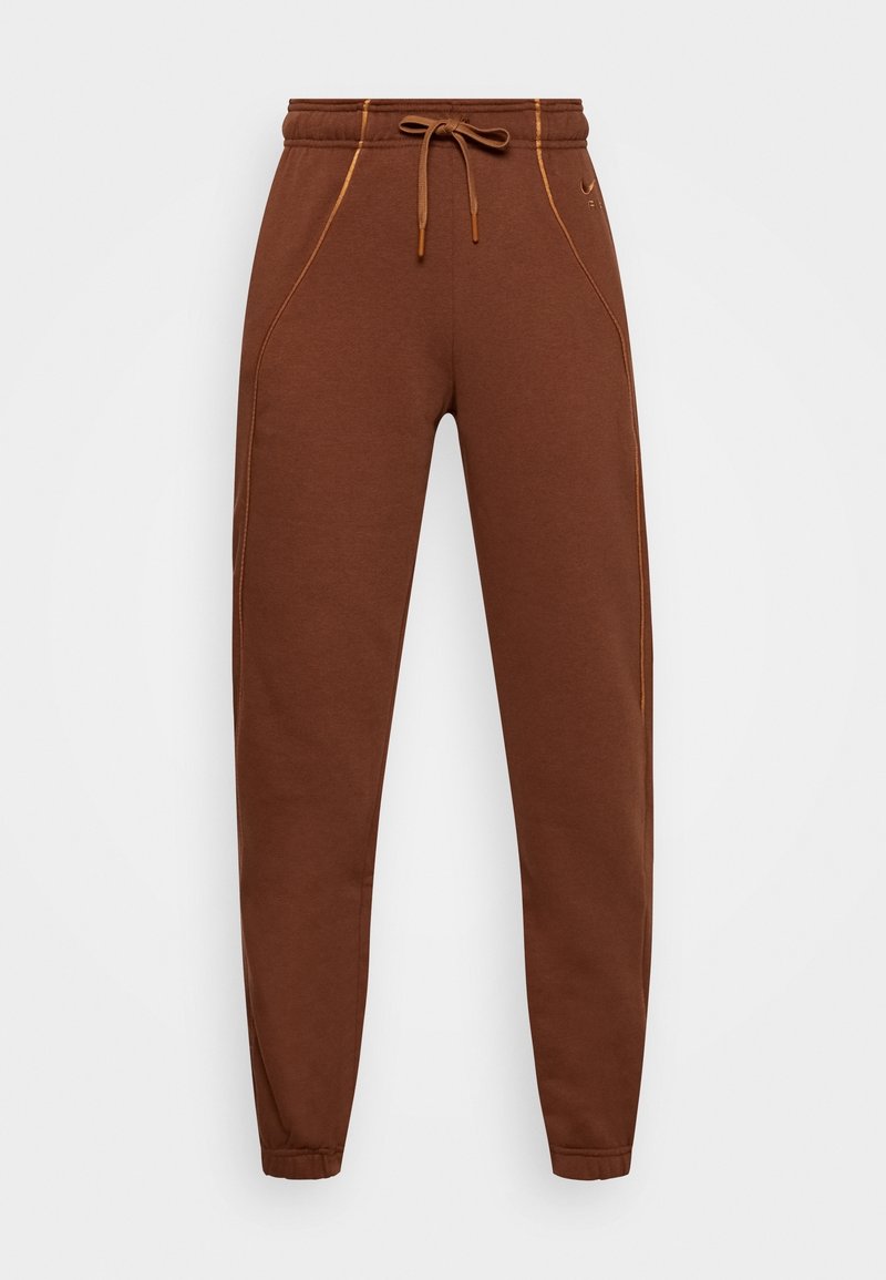Pantalon de survêtement marron avec taille à cordon, poches latérales et surpiqûres jaunes contrastantes le long des coutures. Le tissu est doux et légèrement texturé.