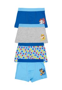 Quattro paia di boxer per ragazzi: blu, grigio, blu con motivi e azzurro chiaro. Ognuno presenta grafiche di personaggi dei cartoni animati e cinturini colorati.