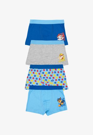 Quattro paia di boxer per ragazzi: blu, grigio, blu con motivi e azzurro chiaro. Ognuno presenta grafiche di personaggi dei cartoni animati e cinturini colorati.