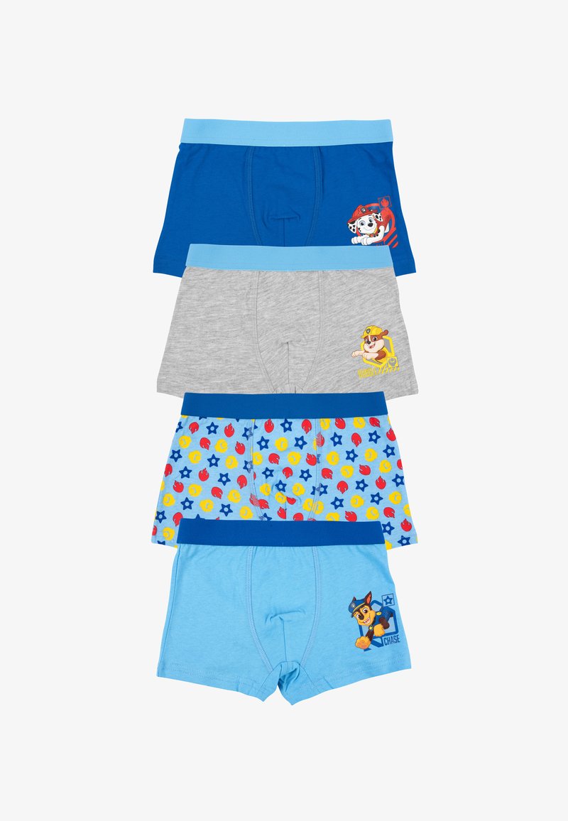 Quattro paia di boxer per ragazzi: blu, grigio, blu con motivi e azzurro chiaro. Ognuno presenta grafiche di personaggi dei cartoni animati e cinturini colorati.