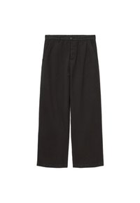 Pantaloni neri a gamba larga in cotone, con chiusura a bottone, due tasche laterali e una texture liscia con linee pulite.