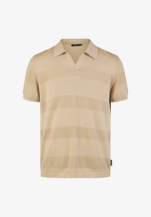 Kurzarm-Poloshirt in Hellbeige mit horizontalen Streifen. Weicher Strickstoff, V-Ausschnitt, mit klassischem Kragen und seitlichem Etikett.