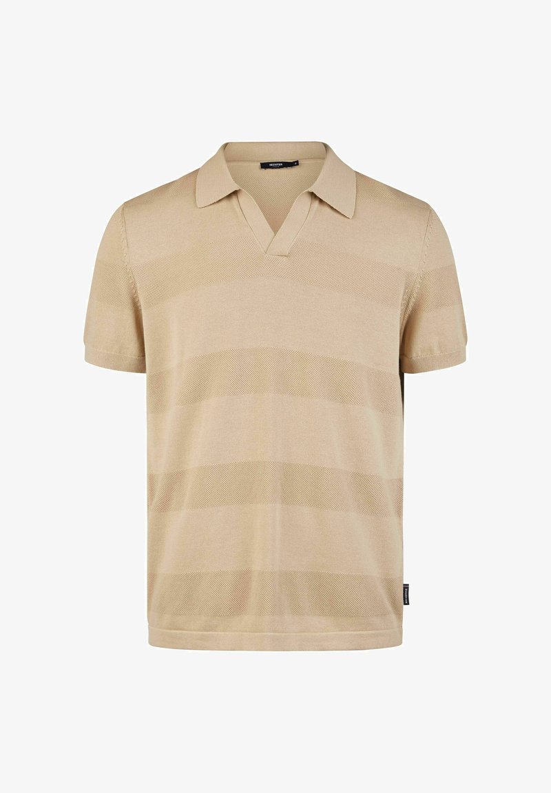 Korte mouwen poloshirt in lichtbeige met horizontale strepen. Zachte gebreide textuur, V-hals ontwerp, met een standaard kraag en zijlabel.