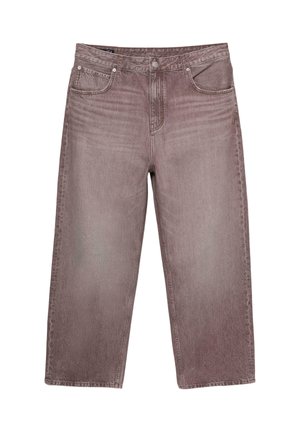 Džínsy s rovnými nohavicami, skrátené, vo vyblednutej fialovo-ružovej farbe, s predným zapínaním na gombíky, zipsom a piatimi vreckami, zobrazené na bielom pozadí.
