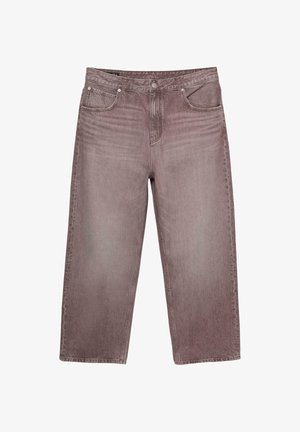 Džínsy s rovnými nohavicami, skrátené, vo vyblednutej fialovo-ružovej farbe, s predným zapínaním na gombíky, zipsom a piatimi vreckami, zobrazené na bielom pozadí.