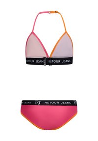 Trójkątny biustonosz bikini w różowym i pomarańczowym kolorze z czarną elastyczną taśmą z napisem "RETOUR JEANS"; pasujące różowe figi z pomarańczowymi akcentami.