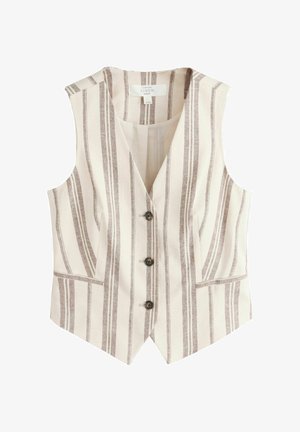 Varrukateta beež vest vertikaalsete pruunide triipudega, ees kolm nööpi, kaks küljetaskut ja V-kujuline kaelus.