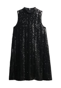 Vestido negro sin mangas con forma acampanada, cubierto de lentejuelas reflectantes, con un escote alto y cierre de cremallera en la parte posterior.