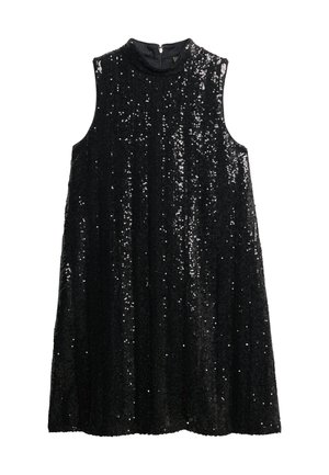 Vestito nero senza maniche con una forma svasata, coperto di paillettes riflettenti, con scollatura alta e chiusura con zip sul retro.