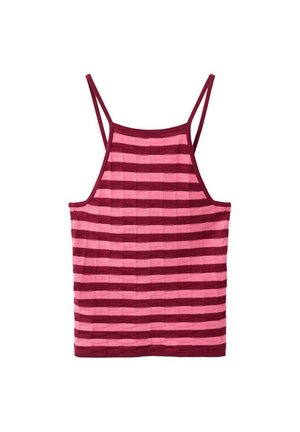 Débardeur en maille rayé rose et bordeaux sans manches avec fines bretelles et encolure droite.